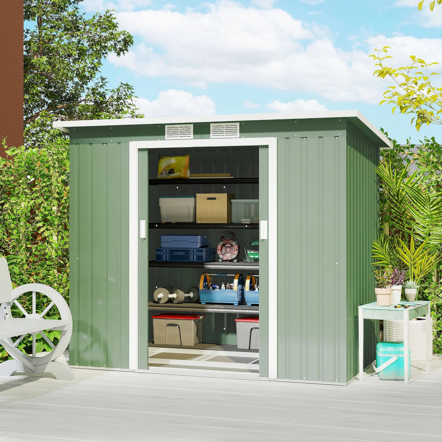 Outsunny tool shed 2.42 m², garden shed with ventilation window, sliding door, Green