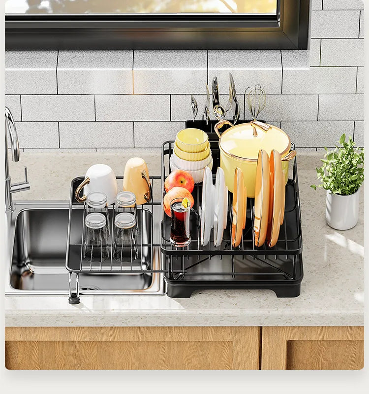 Dish Drying Rack - Extendable Dish Rack, Large Sink Drying Dish Drainer for Kitchen Counter, Stainless Steel Dish Strainer