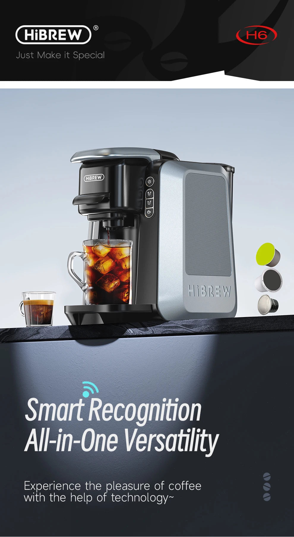 HiBREW 6 in 1 Multiple Capsule Coffee Machine Hot/Cold DG Cappuccino Nes Small Capsule ESE Pod Ground Coffee Cafeteria 20Bar H6