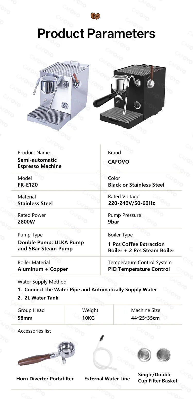 CAFOVO E120 Semi-automatic Espresso Machine ULKA Pump 9Bar OPV System Dual Boiler with OLED Display for Cafe Coffee Maker 220V