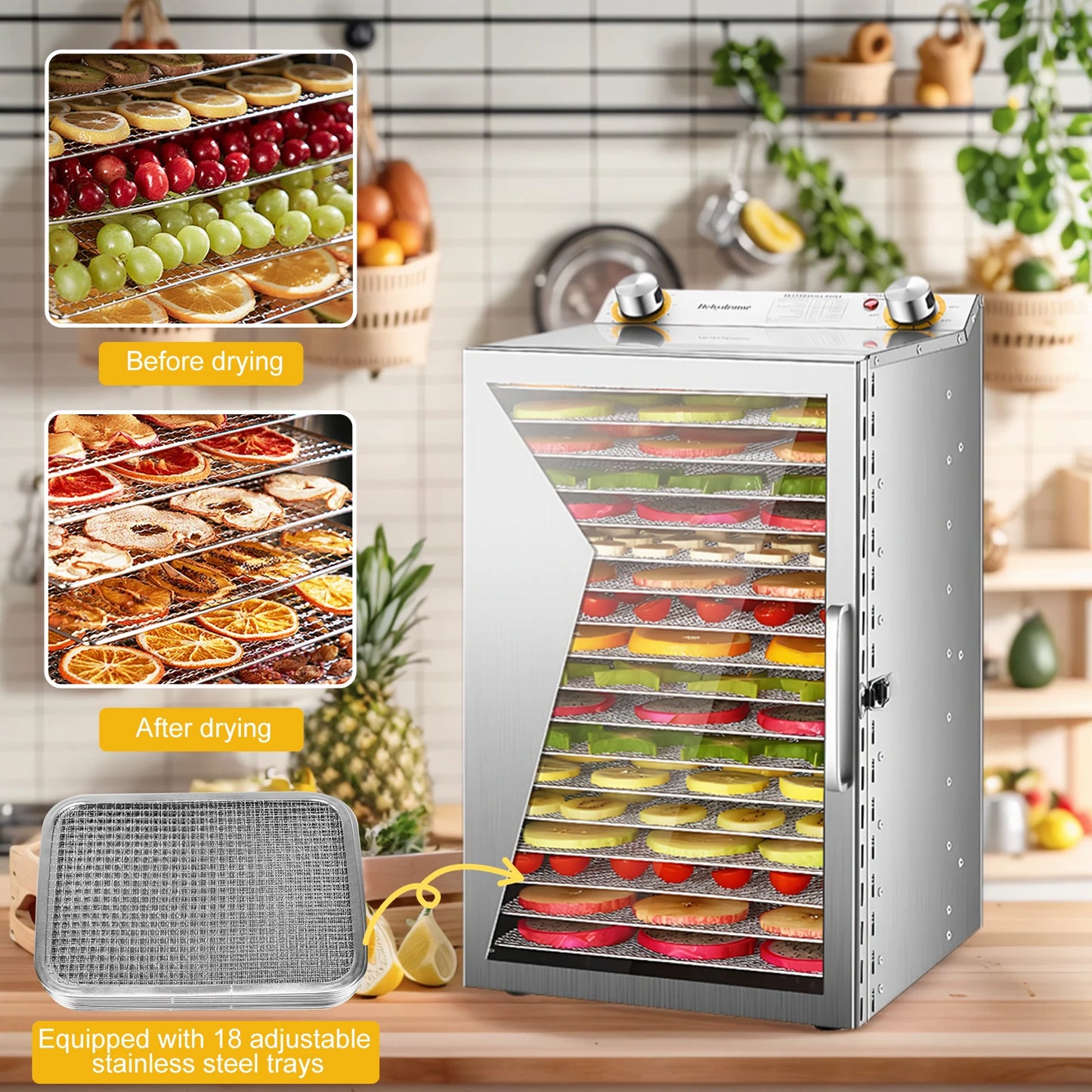 800W Food Dried Fruit Machine with 18 Stainless Steel Trays Temperature Control Dehydrator for Jerky Dog Treats Meats & Veggies