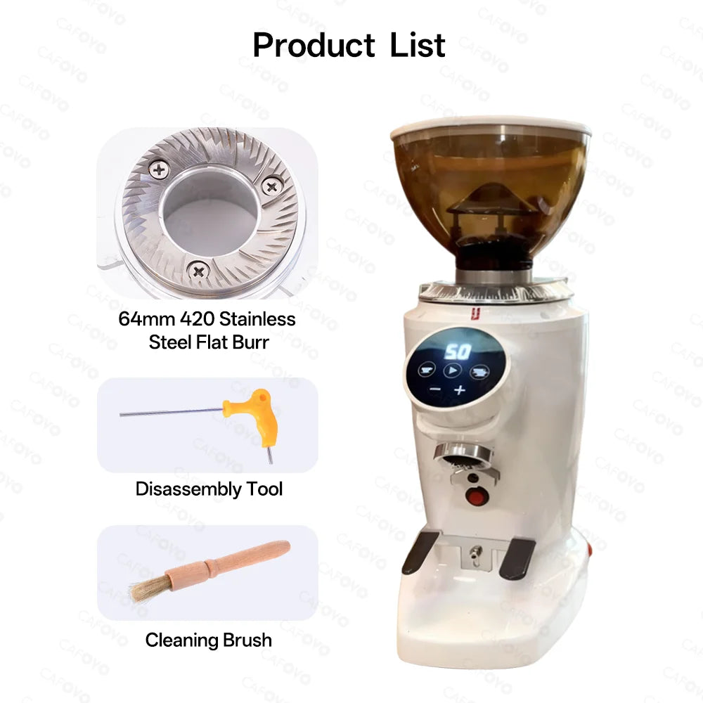 CAFOVO G264F 64mm Flat Burr Coffee Grinder with Digital Timer for Espresso Static-Free Single-dose Grinder Coffee Mill
