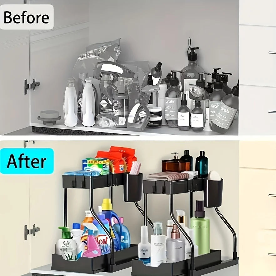 1pc Laoyeboubi 2-Tier Plastic Storage Organizer Pull-Out Drawer Kitchen Bathroom Space-Saving Durable Large Capacity