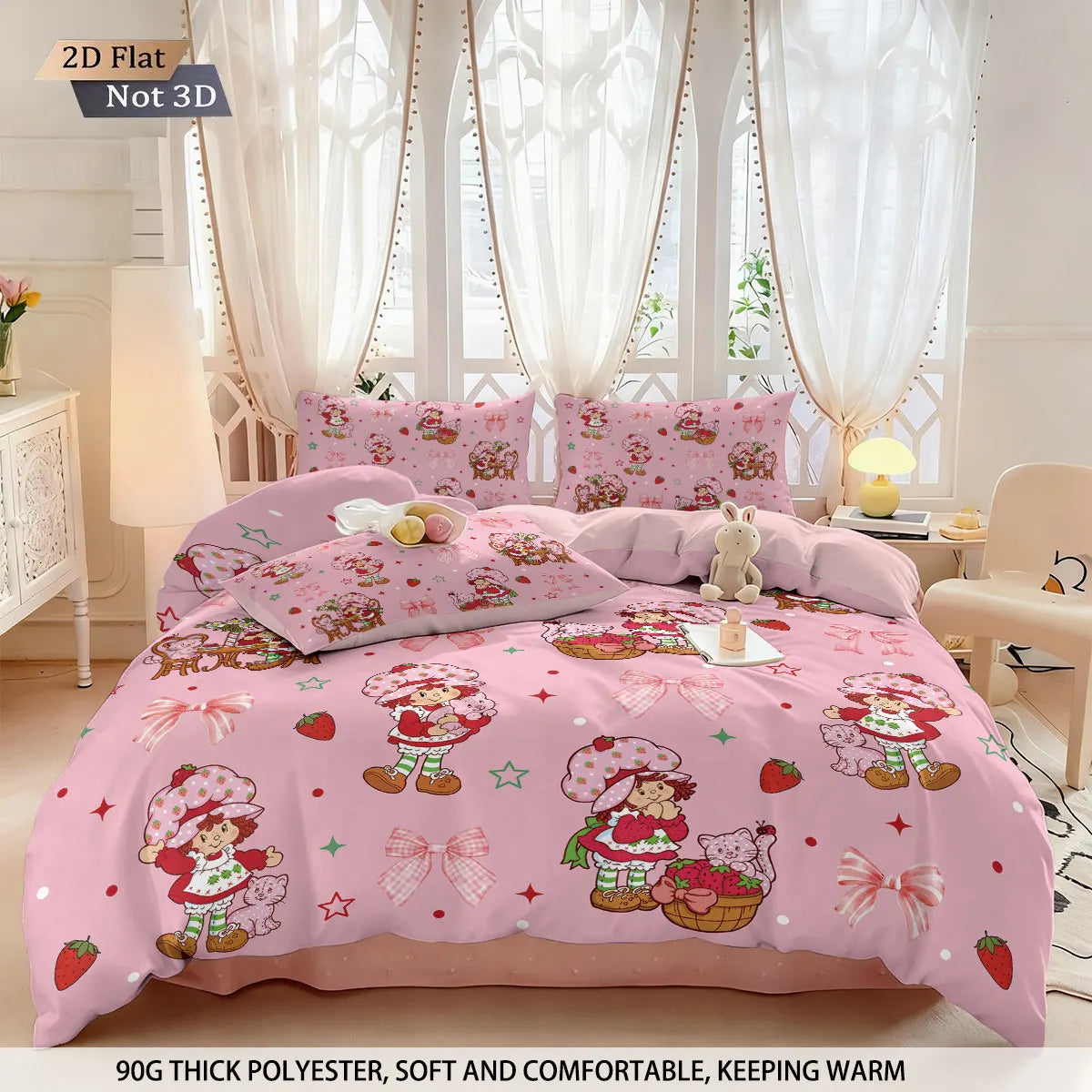 3pcs Pink Strawberry Girl Printed Down Duvet Cover Set, Multi Size Bedroom Bedding Decoration, Machine Washable