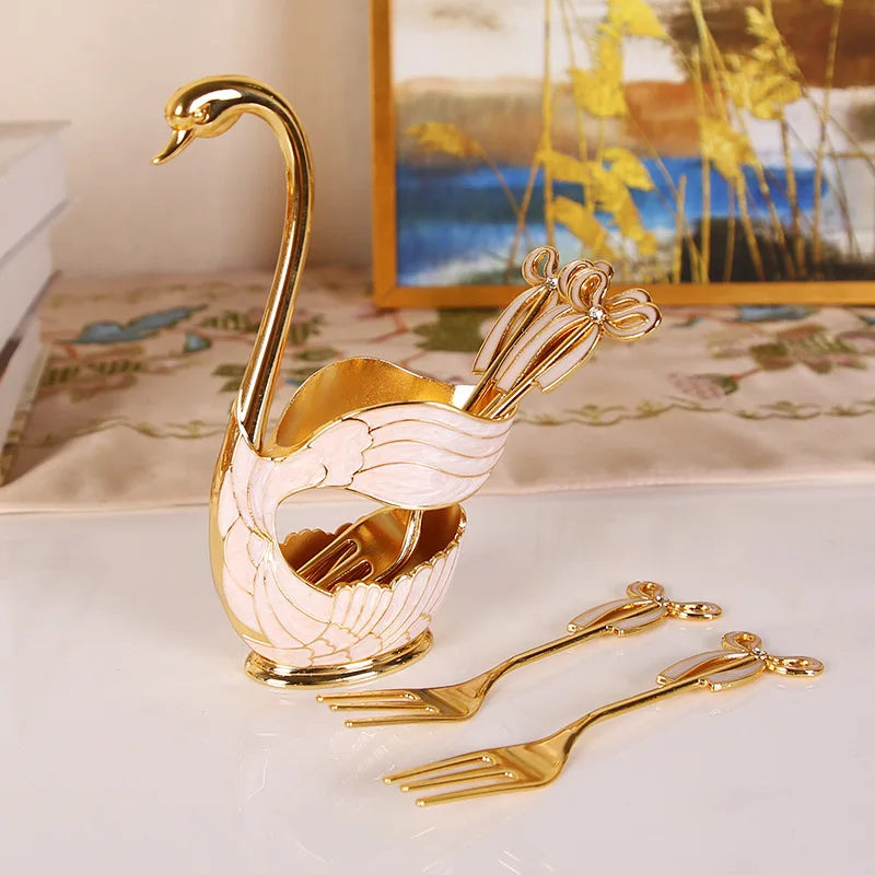 Creative Dinnerware Set Swan Base Holder Decorative Stainless Steel with 6 Spoons for Coffee Fruit Dessert Stirring Mixing