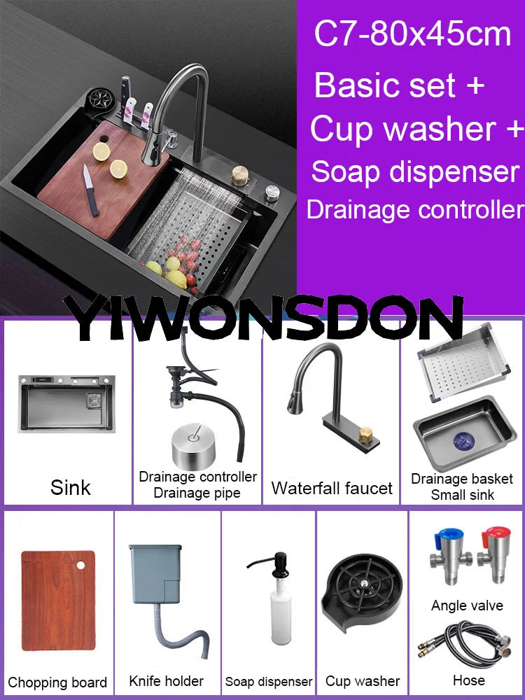 Multifunction Black Nano Kitchen Sink Waterfall Faucet Large Single Bowl Cup Washer Pure Tap Soap Dispenser 304 Stainless Steel
