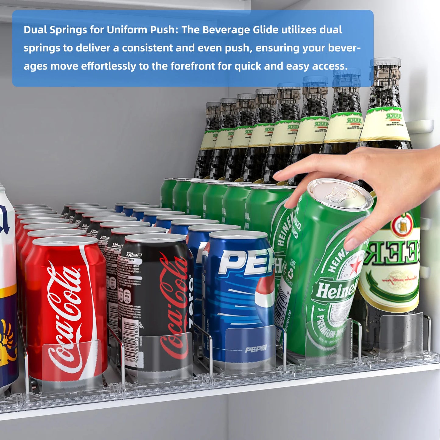 Beverage Spring Pusher Glide for Fridge Automatic Drink Propeller Bottle Rack Cans Organizer Refrigerator Drink Dispenser Shelf