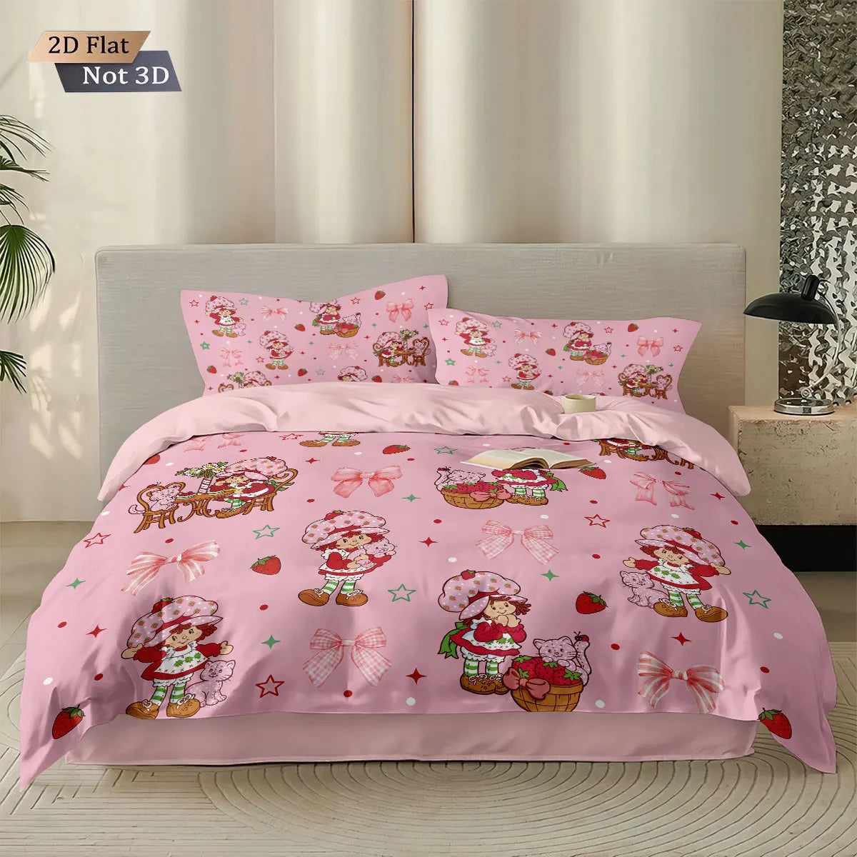3pcs Pink Strawberry Girl Printed Down Duvet Cover Set, Multi Size Bedroom Bedding Decoration, Machine Washable