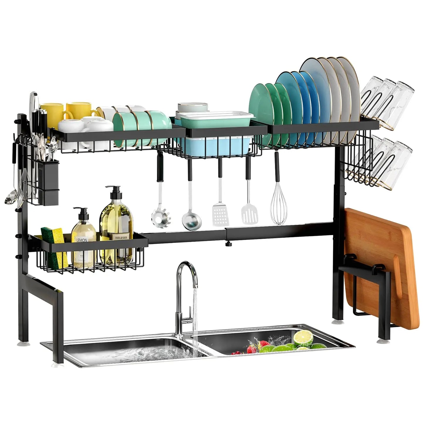 Over-the-Sink Dish Drying Rack – Expandable 2-Tier Stainless steel design with utensil holder. Space-saving, durable, and perfect for organized kitchen drying.