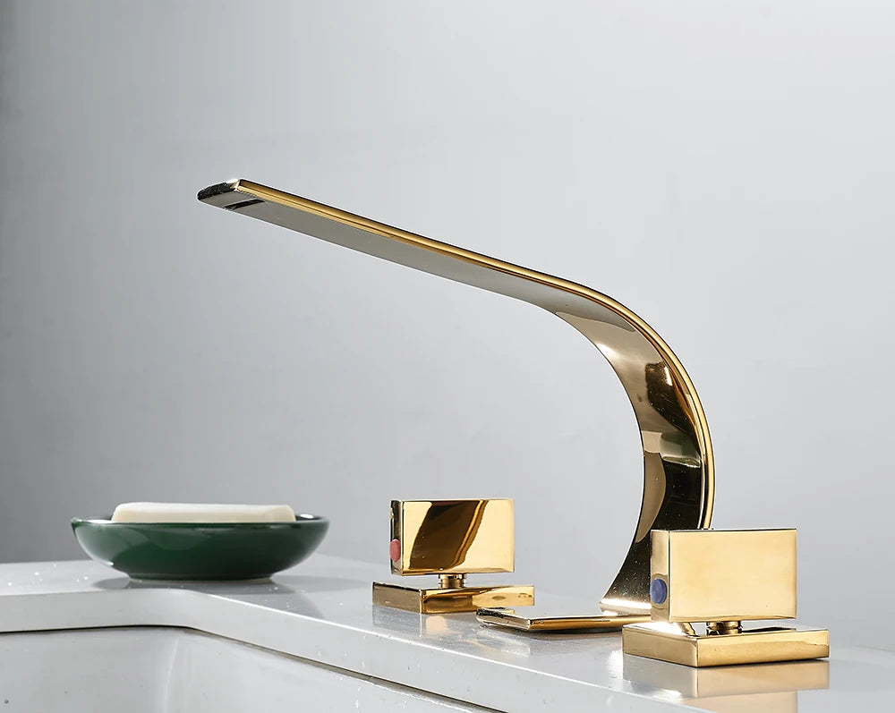 BAKALA 3 Pieces Brush And Gold Deck Mounted Waterfall Wide Spout Double Handles Bath Bathtub Faucet Bathroom Mixer Tap