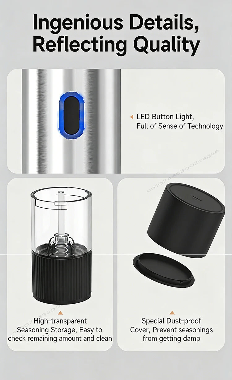 Electric Salt and Pepper Grinder Automatic Rechargeable Pepper Mill Shakers Adjustable Coarseness Kitchen Appliances