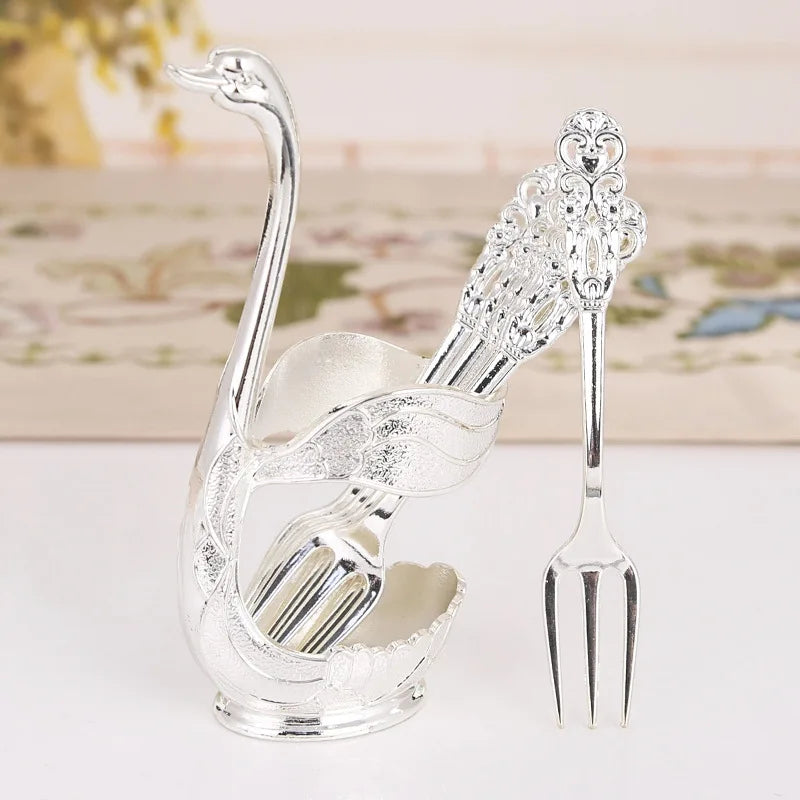 Creative Dinnerware Set Swan Base Holder Decorative Stainless Steel with 6 Spoons for Coffee Fruit Dessert Stirring Mixing