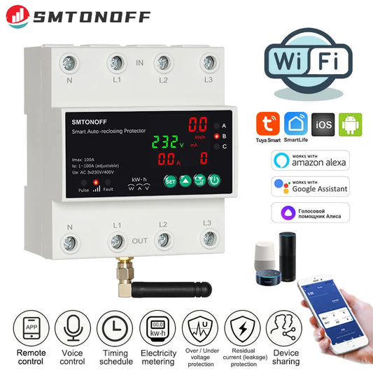 Tuya WiFi Three Phase 4P 63A Auto-Reclosing Over Under Voltage Protector Prepaid Meter Timer Switch Voice Remote Control