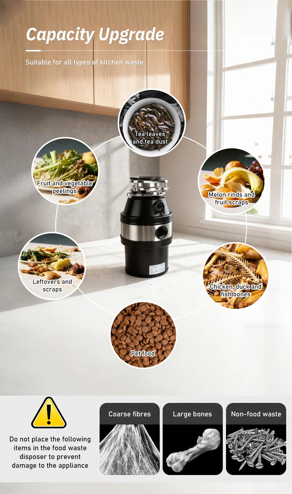 Electric Kitchen Food Waste Disposer – Heavy-Duty Under-sink garbage disposal unit with 220V, 550W power. Efficiently grinds food waste for easy kitchen cleanup.