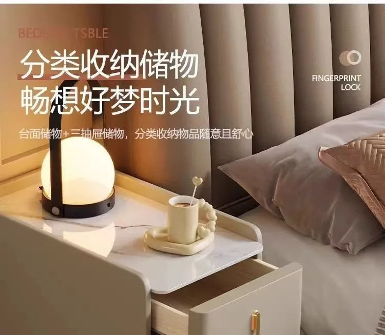 Smart Bedside Table, Solid Wood with Faux Leather Features 3 drawers, wireless charging, and side storage. Stylish and functional nightstand for modern bedrooms.