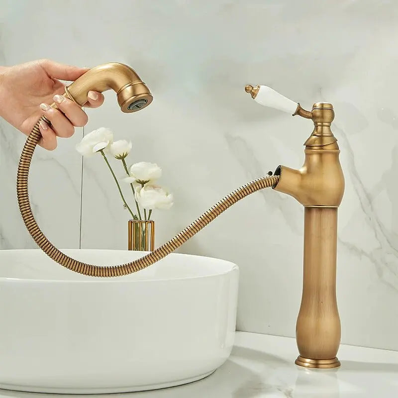 Pull-Out Ceramic Handle Basin Faucet Brass pull-out mixer tap with ceramic handles. Smooth operation, modern design, easy to clean.
Perfect for bathroom sinks, washbasins, or vanities.