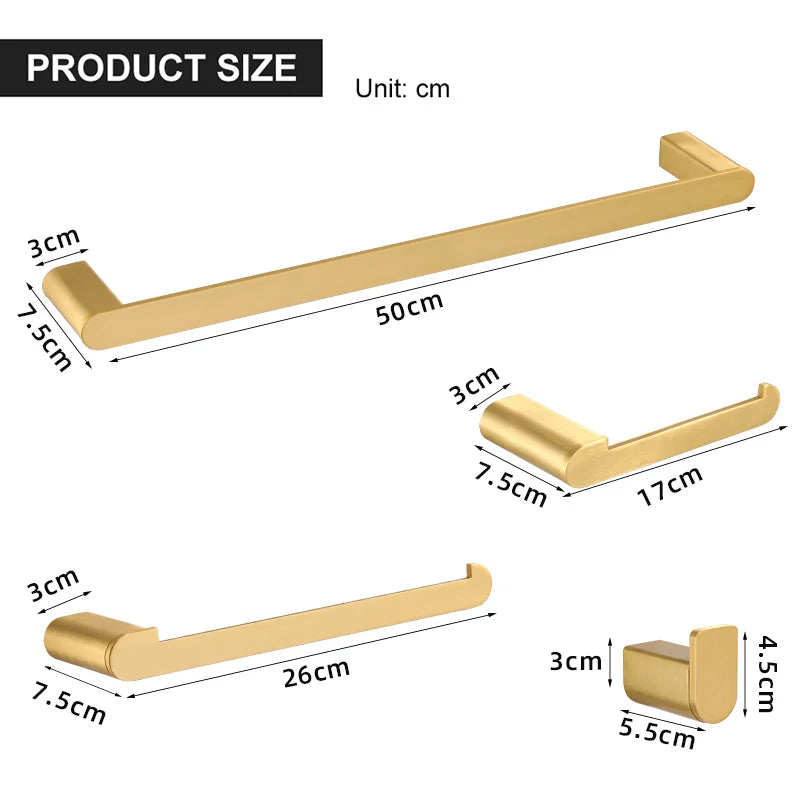 Brushed Gold  Bathroom Accessories Sets 4 Wall Mounted Towel Bar Robe Hooks Toilet Paper Roll Holder Stainless Steel Hardware