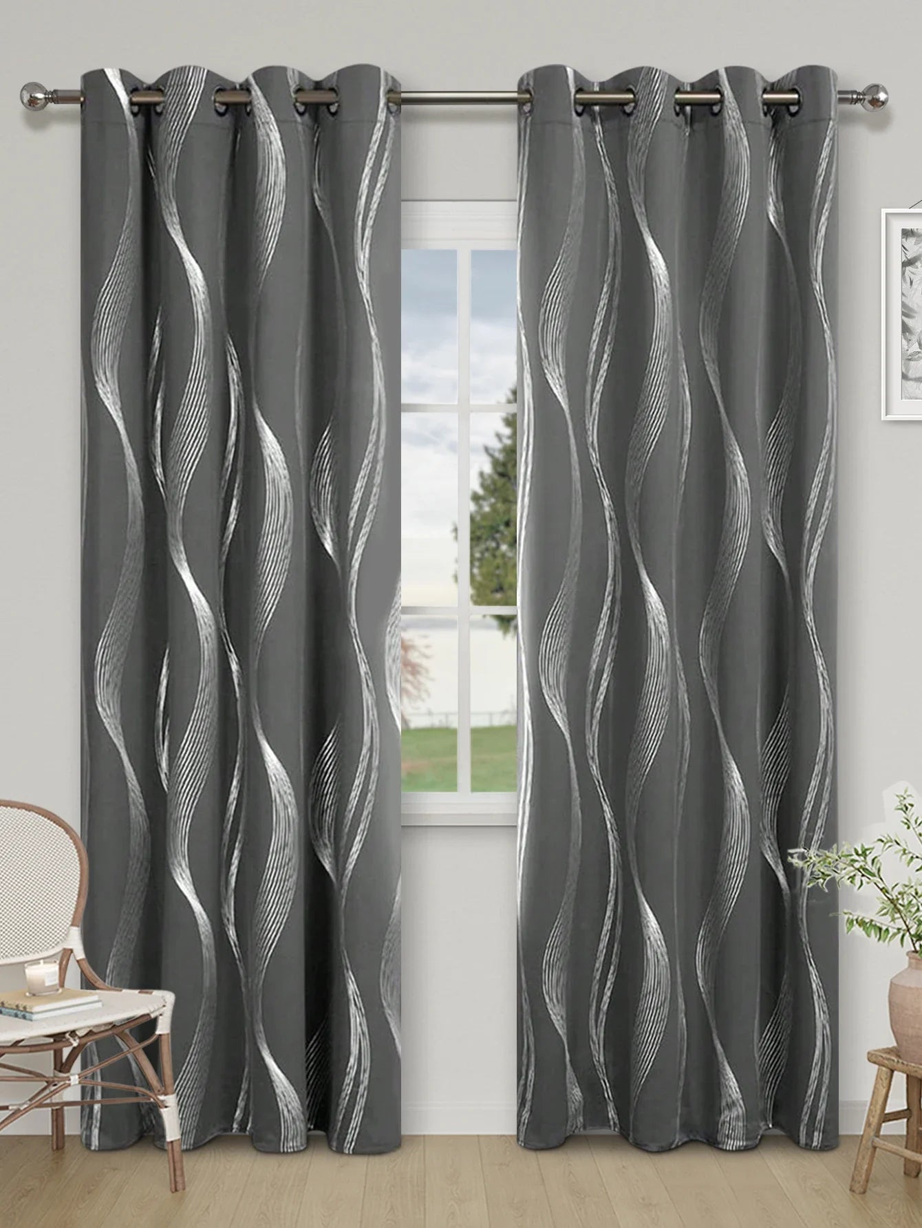 1pc High Precision Silver Embossed Wave Pattern Blackout Curtain, window Curtains for living room bedroom kitchen home decor