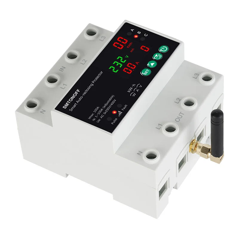 Tuya WiFi Three Phase 4P 63A Auto-Reclosing Over Under Voltage Protector Prepaid Meter Timer Switch Voice Remote Control