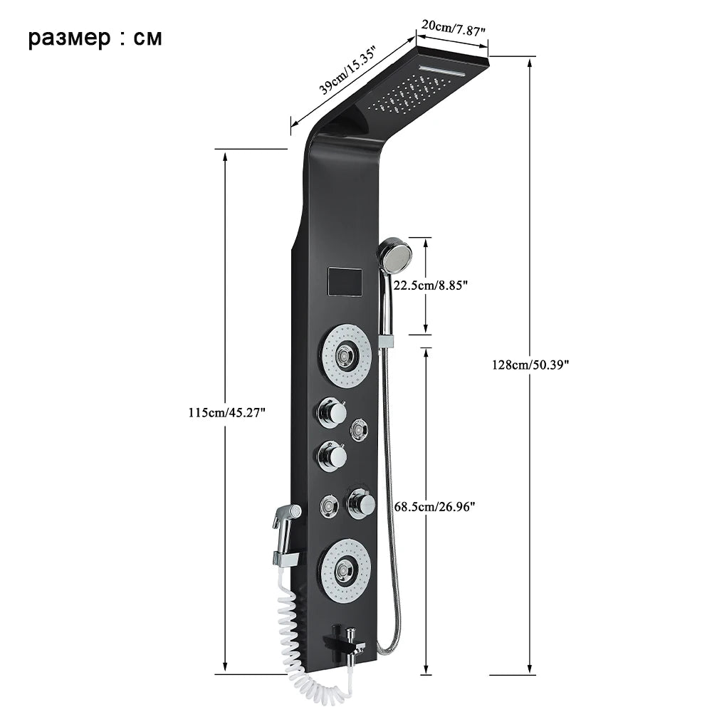 Black Bathroom Shower Panel SPA Massage Jet Shower Column LED Display Stainless Steel Shower System