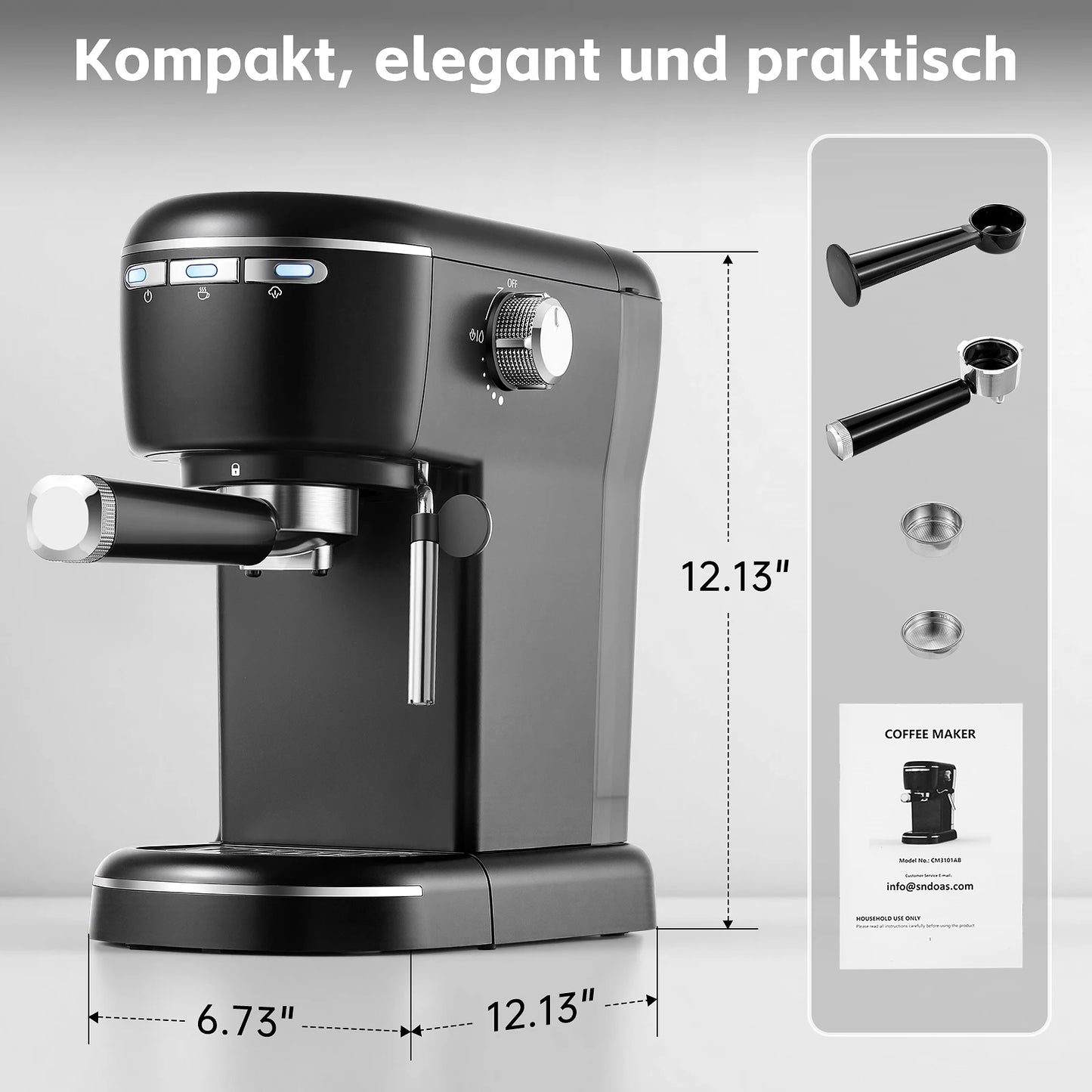 15 Bar 1.2L Removable Tank, Compact Cappuccino/Latte Maker, Stainless Steel, 1100W, Black Espresso Coffee Maker Machine