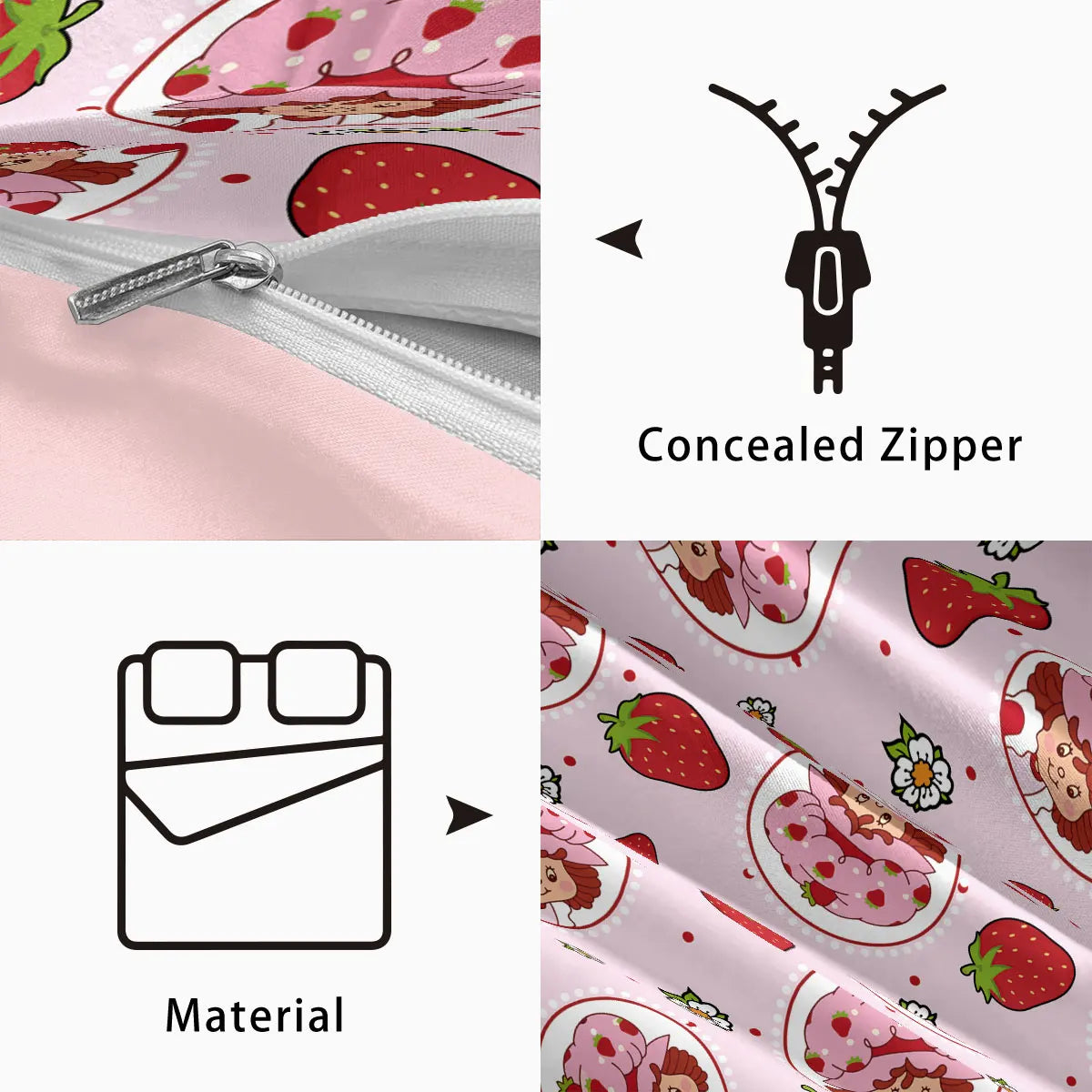 3pcs Pink Strawberry Girl Printed Down Duvet Cover Set, Multi Size Bedroom Bedding Decoration, Machine Washable