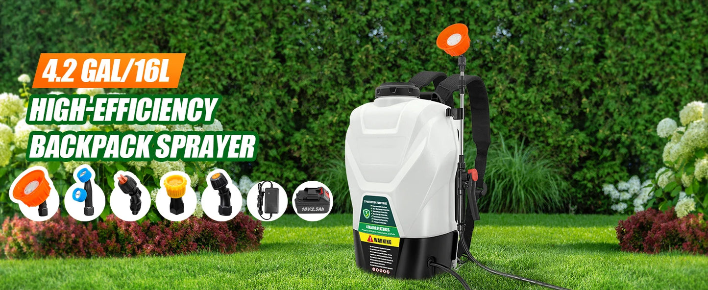4-Gallon Battery-Powered Backpack Sprayer 16L capacity, 75 PSI electric pump. Includes 2.5Ah battery + charger. Lightweight, powerful for gardens, lawns, weeds, or pest control.