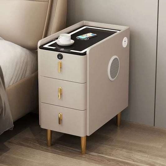 Smart Bedside Table, Solid Wood with Faux Leather Features 3 drawers, wireless charging, and side storage. Stylish and functional nightstand for modern bedrooms.
