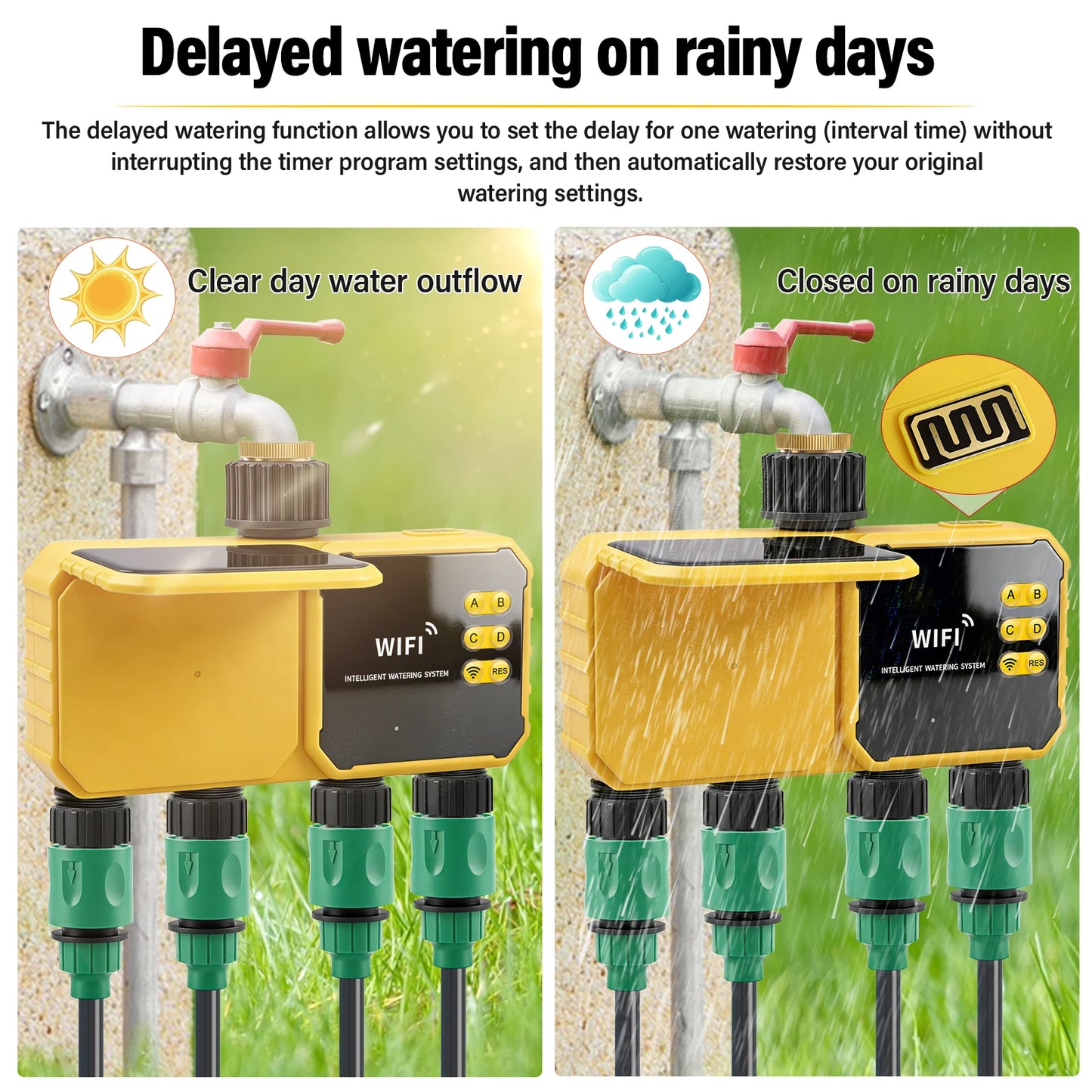 Solar WiFi 4-Zone Smart Water Timer
Solar-powered, app-controlled, 4 independent zones. Rain sensor auto-skips watering. IPX6 waterproof. Perfect for gardens & lawns.