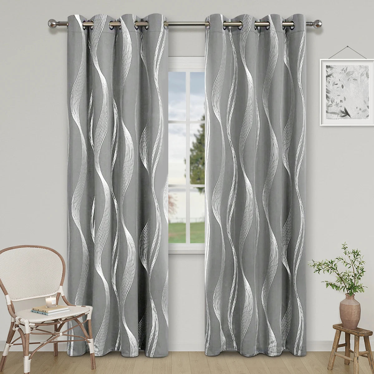 1pc High Precision Silver Embossed Wave Pattern Blackout Curtain, window Curtains for living room bedroom kitchen home decor