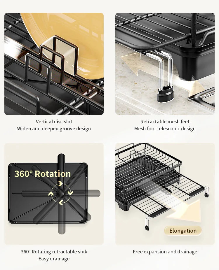 Dish Drying Rack - Extendable Dish Rack, Large Sink Drying Dish Drainer for Kitchen Counter, Stainless Steel Dish Strainer
