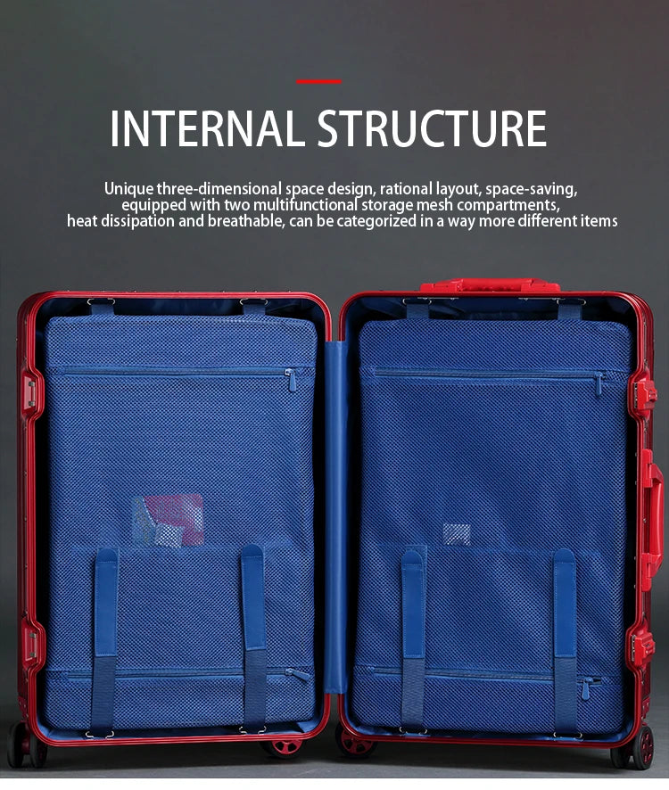 Aluminum-Magnesium Alloy Suitcase, High-Quality Rolling Luggage Available in 20”, 24”, 26”, and 29” sizes. Durable trolley luggage perfect for travel, carry-on, and cabin use.