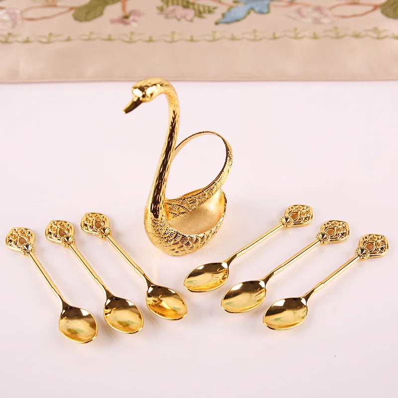 Creative Dinnerware Set Swan Base Holder Decorative Stainless Steel with 6 Spoons for Coffee Fruit Dessert Stirring Mixing
