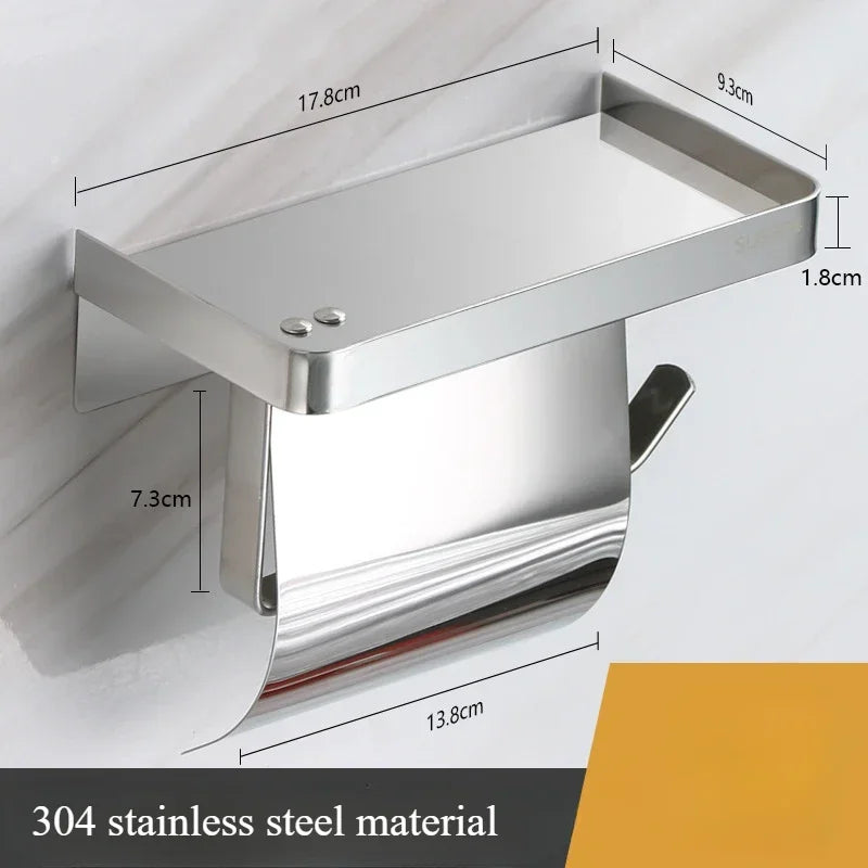 Toilet paper rack 304 stainless steel tissue holder, mobile phone rack, non-punching bathroom roll holder