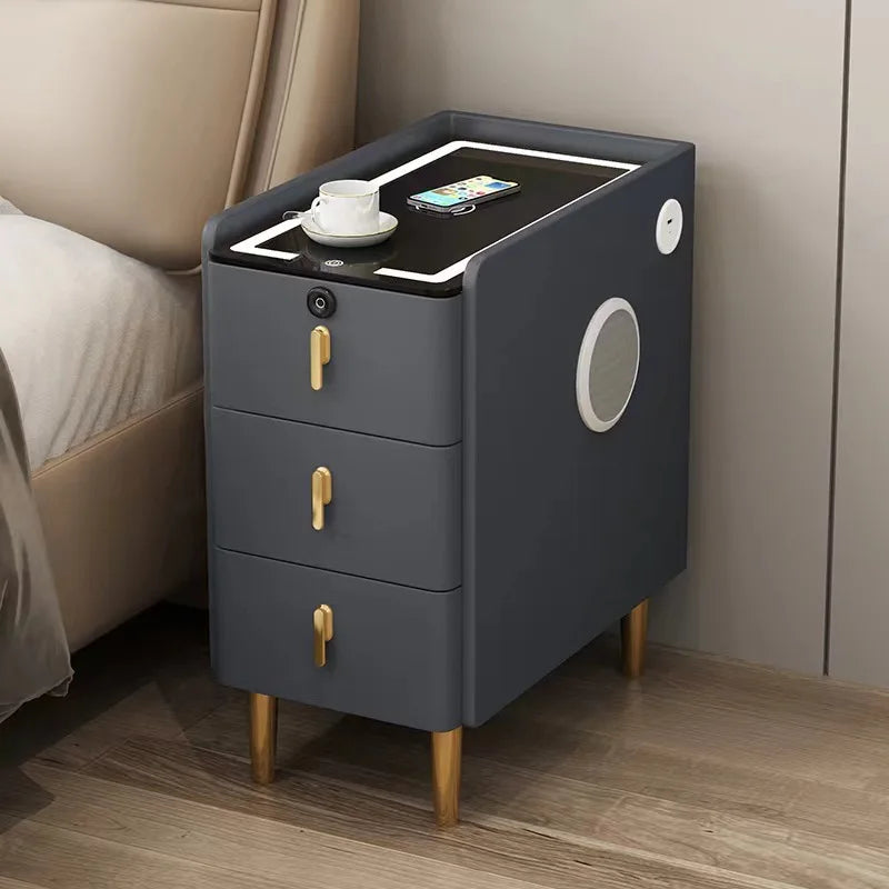 Smart Bedside Table, Solid Wood with Faux Leather Features 3 drawers, wireless charging, and side storage. Stylish and functional nightstand for modern bedrooms.