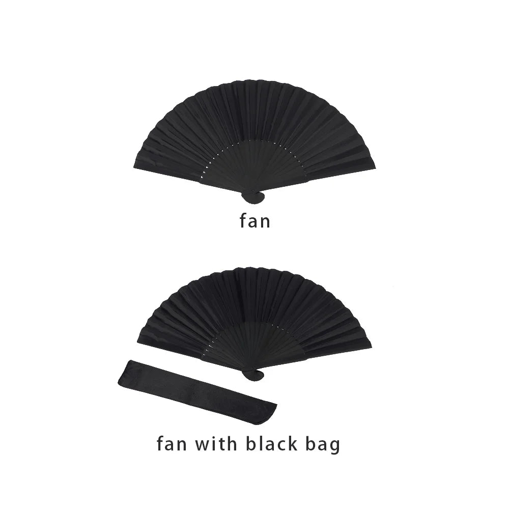 8.27"(21cm) Black Silk Folding Fan Chinese Style Hand Held Bamboo Fans Ribs Home Party Decoration Dance Props Desktop Ornament