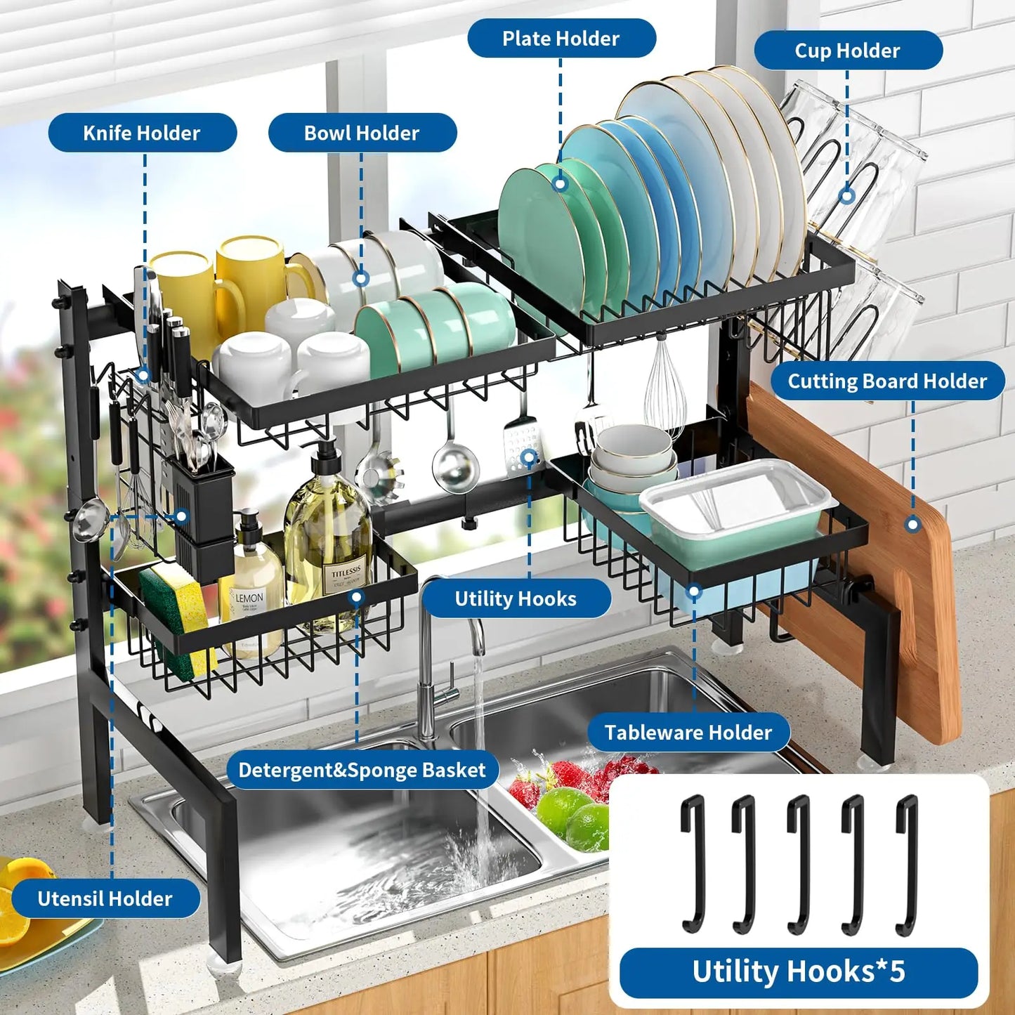 Over-the-Sink Dish Drying Rack – Expandable 2-Tier Stainless steel design with utensil holder. Space-saving, durable, and perfect for organized kitchen drying.