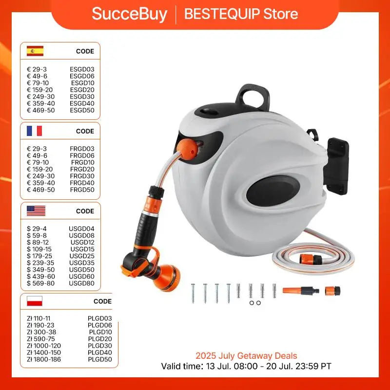 SucceBuy Retractable Hose Reel1/2 inch 180° Swivel Bracket Wall-Mounted Garden Water Hose Reel with 9-Pattern Nozzle and 3 Fast