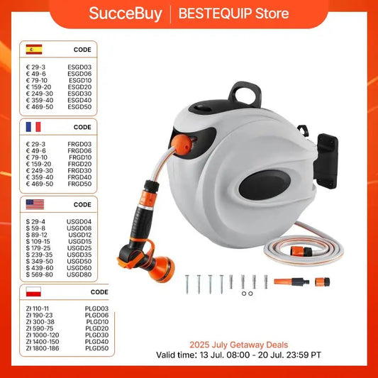 SucceBuy Retractable Hose Reel1/2 inch 180° Swivel Bracket Wall-Mounted Garden Water Hose Reel with 9-Pattern Nozzle and 3 Fast