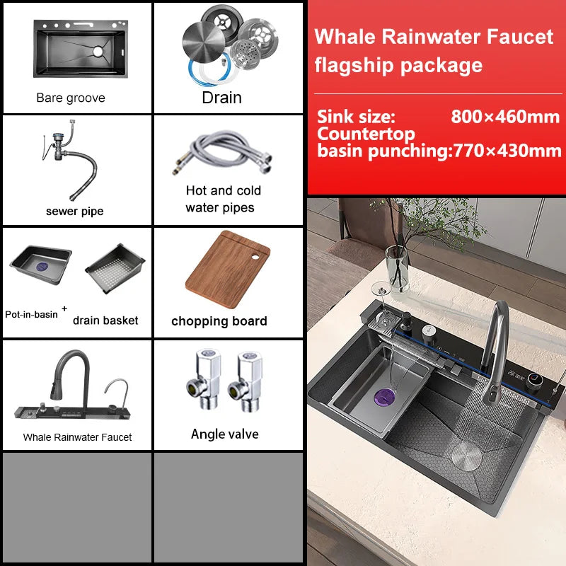 Extra Large Stainless Steel Waterfall Kitchen Sink Embossed Single Solt Digital Display Multifunctional Dishwashing Sink
