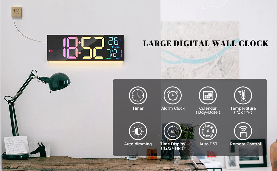 Digital Wall Clock Large Display 16.2" Digital Wall Clock with RGB Color Changing Remote Control Automatic Brightness LED Watch