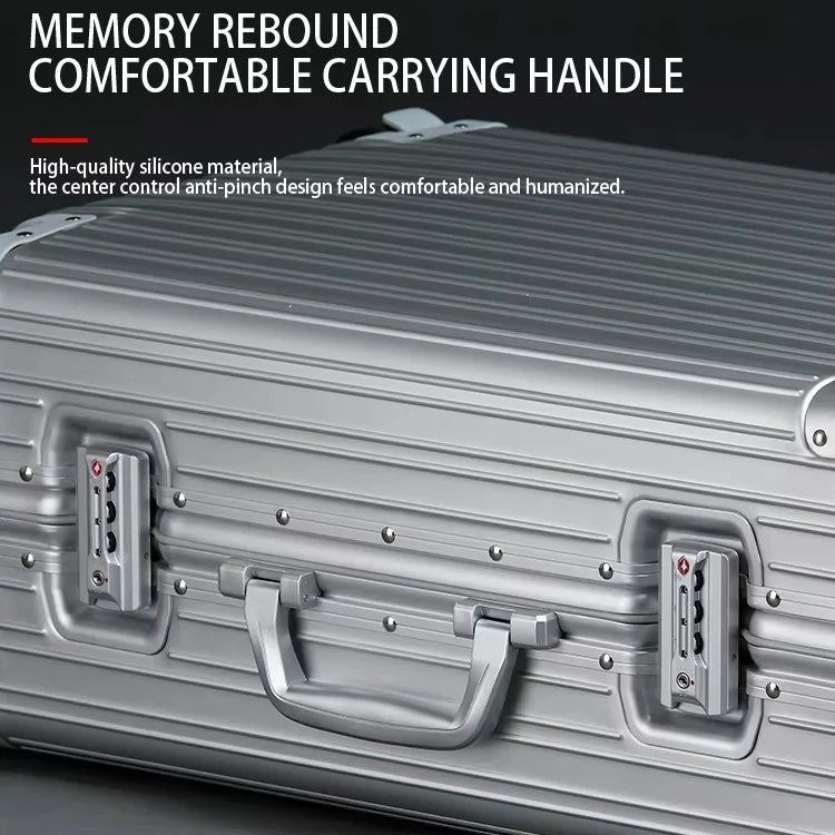 Aluminum-Magnesium Alloy Suitcase, High-Quality Rolling Luggage Available in 20”, 24”, 26”, and 29” sizes. Durable trolley luggage perfect for travel, carry-on, and cabin use.