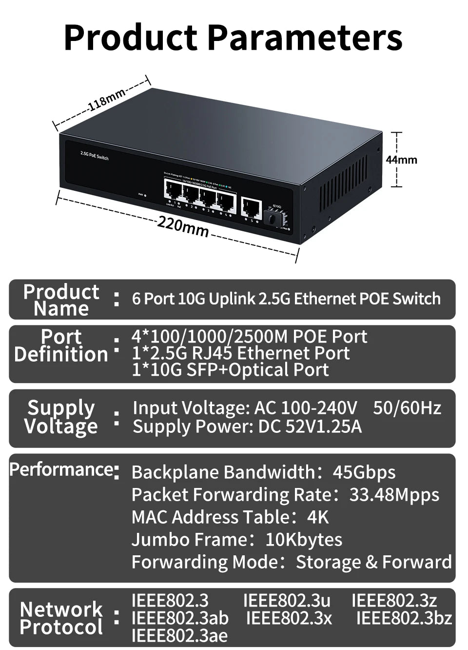 HORACO 2.5G PoE Switch 5 Port 2500Mbps 10G SFP+ Slot 65W IEEE802.3af/at for WiFi 6e AP,VoIP Phone,Surveillance,POE Camera