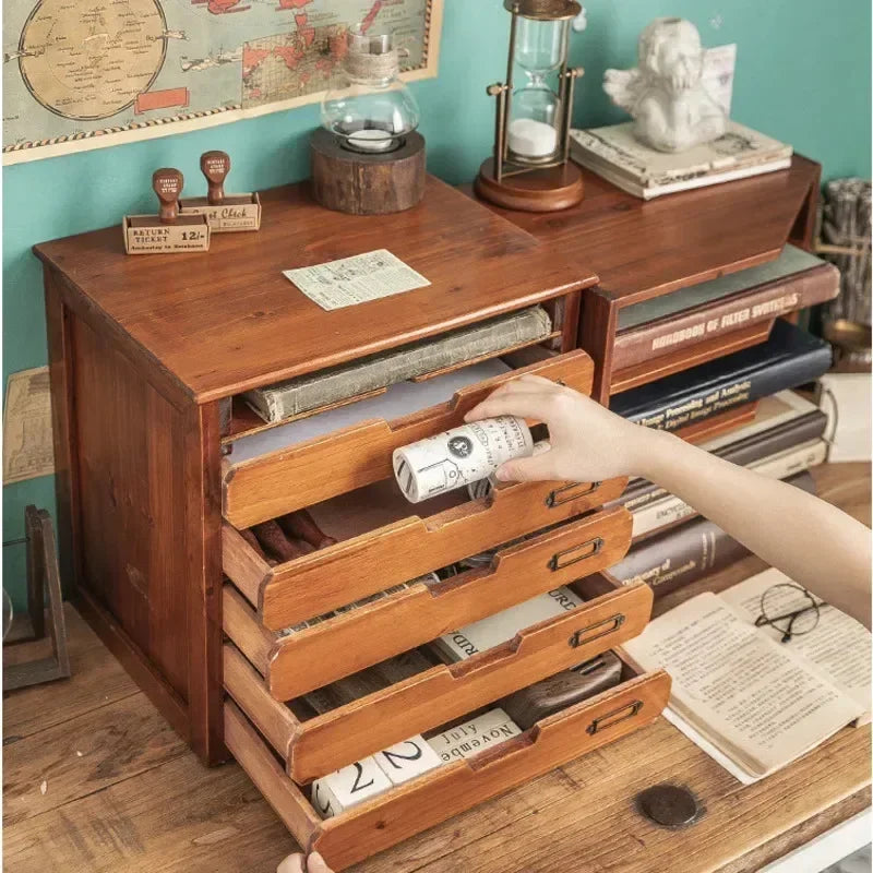 Retro Wooden File Storage Box Office Jewelry Box A4 File Drawers Desktop Sorting Cabinet For Dressing Table Functional Organizer