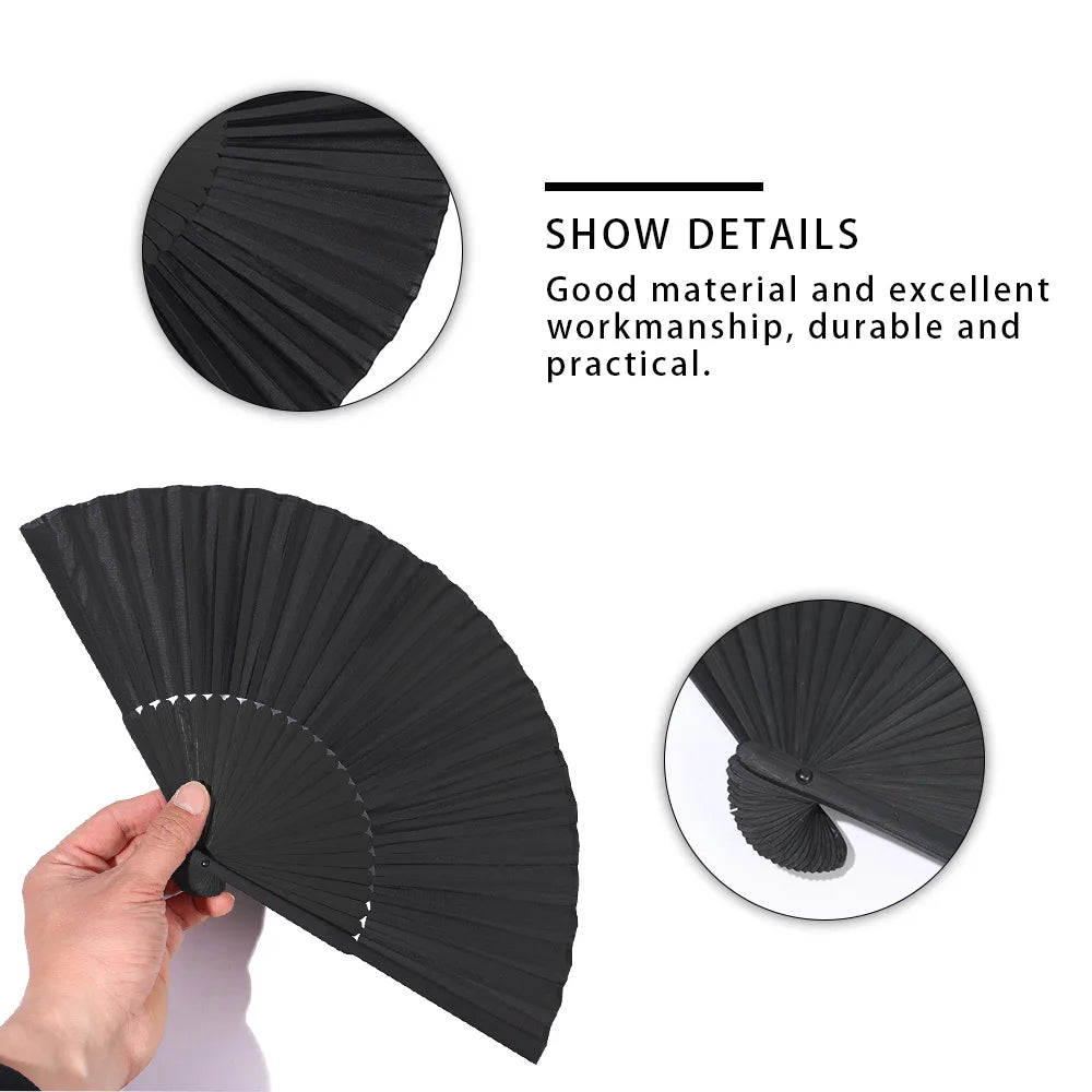 8.27"(21cm) Black Silk Folding Fan Chinese Style Hand Held Bamboo Fans Ribs Home Party Decoration Dance Props Desktop Ornament
