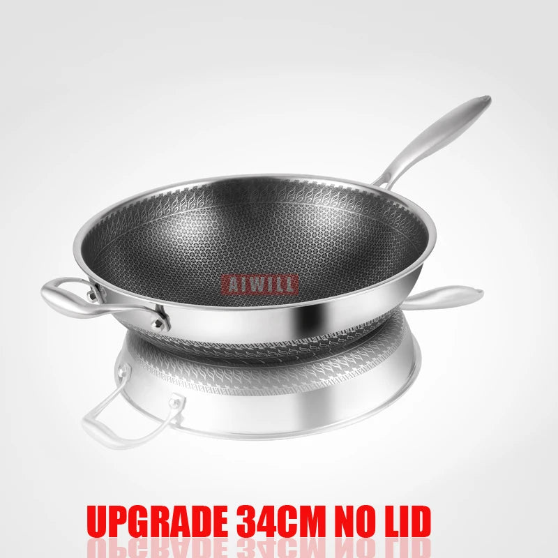 AIWILL 32cm/34cm Nonstick Wok 304 Full Stainless Steel Wok No Fume Coating-Free Gift Cookware