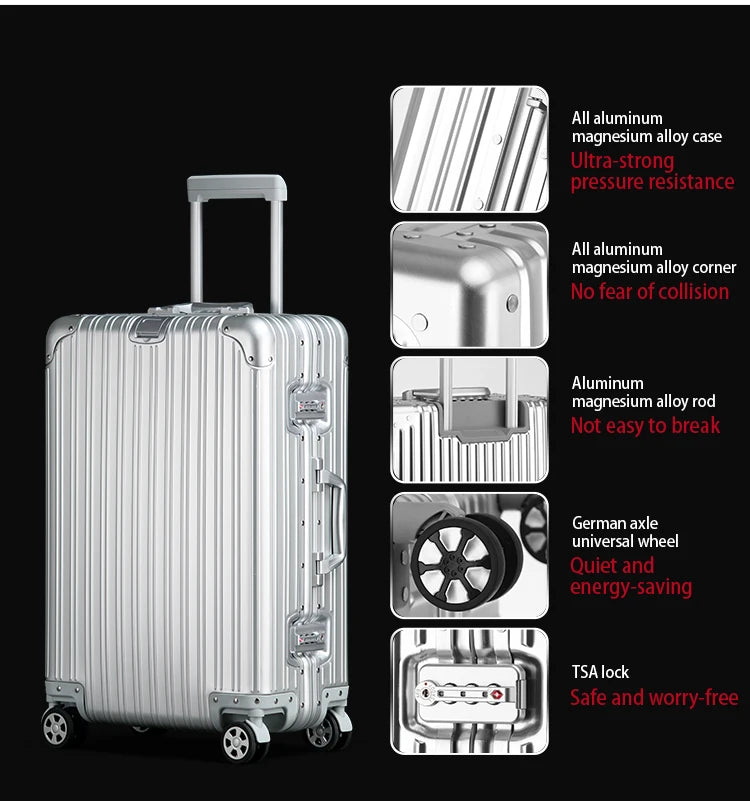 Aluminum-Magnesium Alloy Suitcase, High-Quality Rolling Luggage Available in 20”, 24”, 26”, and 29” sizes. Durable trolley luggage perfect for travel, carry-on, and cabin use.