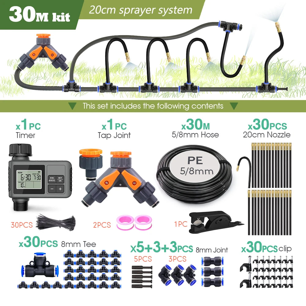 Garden Programmable Timer Misting Cooling System 360° Free-bend Misting Nozzle Adjustable Atomizer Sprayer Outdoor Watering Kits