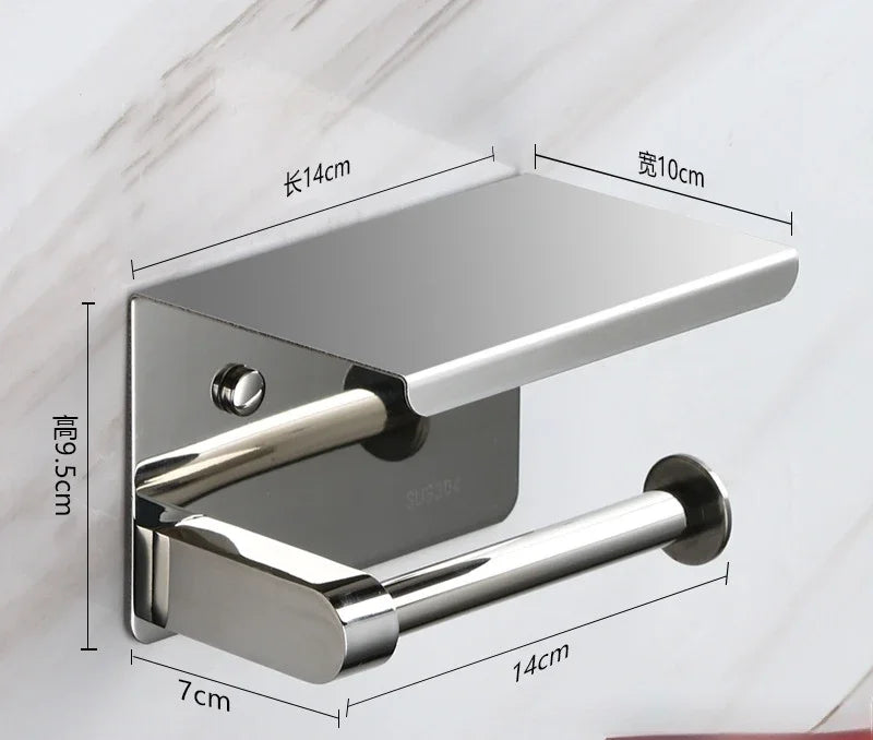 Toilet paper rack 304 stainless steel tissue holder, mobile phone rack, non-punching bathroom roll holder