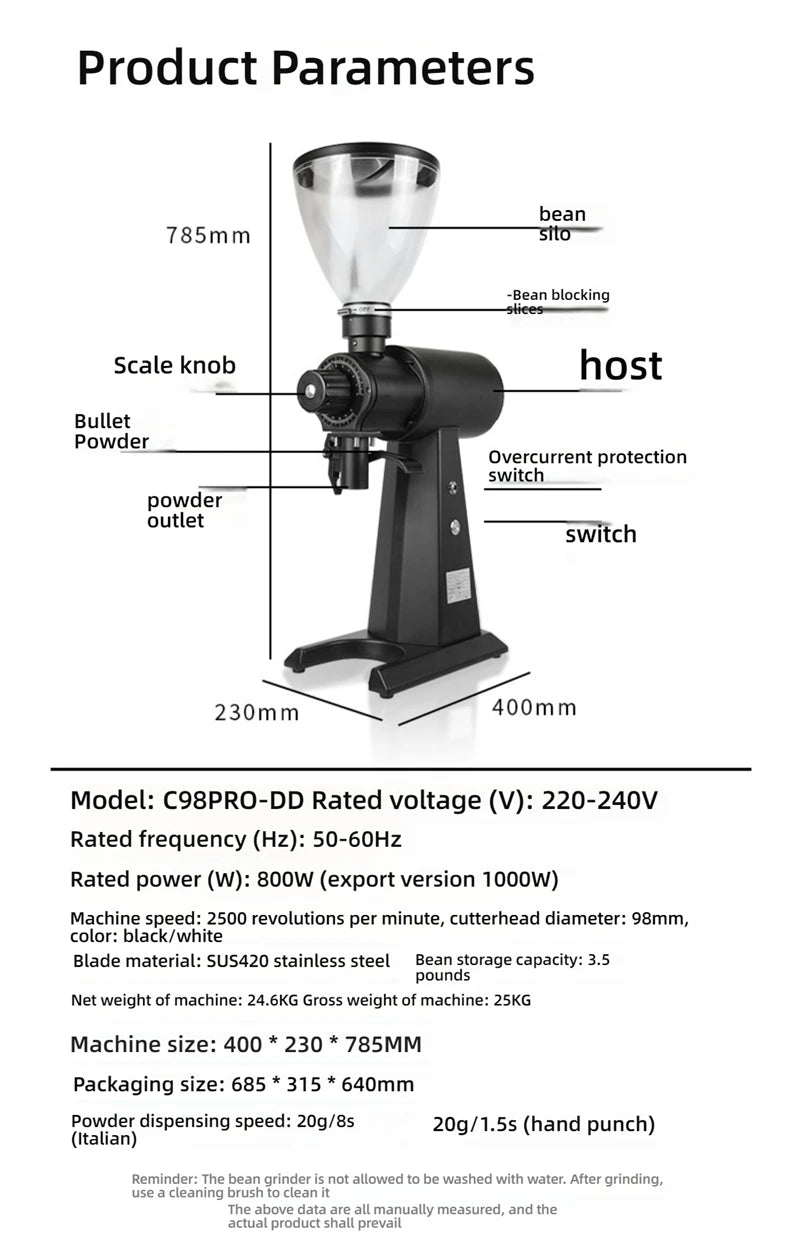 CAFOVO G198F Commercial Electric Grinder 98mm Titanium Coated Flat Burr 160 Settings 2500RPM 1000W Quantitative Coffee Miller